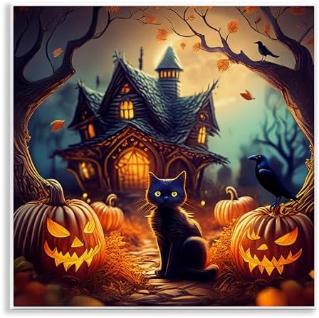 Haunted House Black Cat, 12 x 12 Inch Mounted Print on Wall Plaque