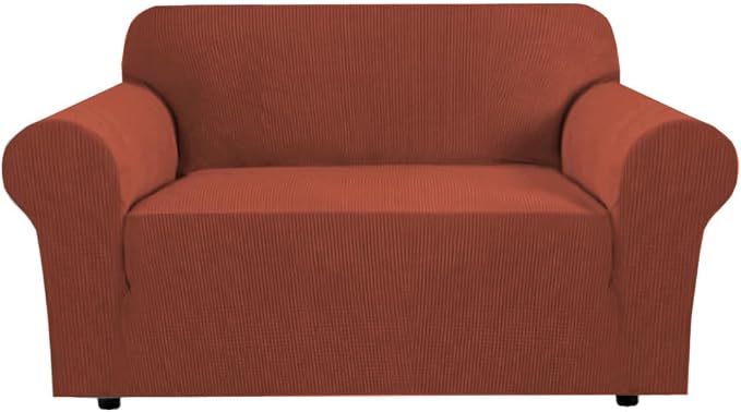 H.VERSAILTEX Stretch Couch Cover Loveseat Covers for 2 Cushion Couch Slipcover|Sofa Cover for Loveseat 1 Piece with Elastic Bottom, Checked Jacquard Fabric(58'-70' Wide, Rust)