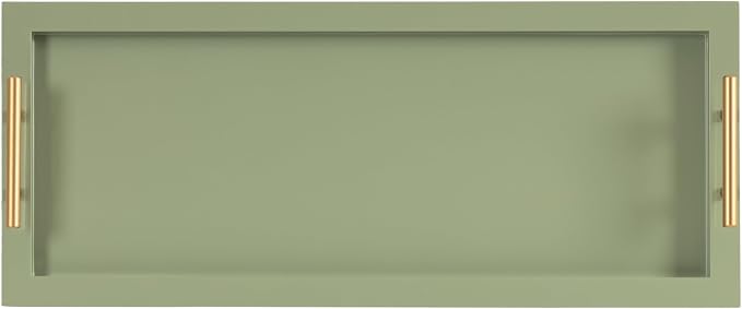 Kate and Laurel Halsey Rectangle Decorative Narrow Tray with Gold Metal Handles; 24 x 10; Green and Gold; Modern Glam Slim Serving Tray with Handles for Living Room Decor