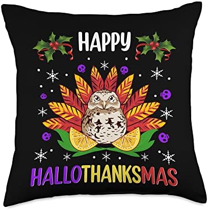 Halloween Thanksgiving Christmas Owl Happy HalloThanksMas Throw Pillow by Unknown