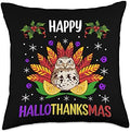 Halloween Thanksgiving Christmas Owl Happy HalloThanksMas Throw Pillow by Unknown