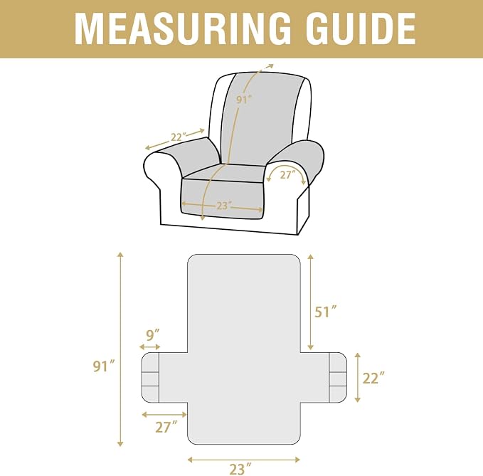 H.VERSAILTEX 100% Waterproof Small Recliner Chairs for Adults Lazy Boy Recliner Chair Covers Furniture Protector with Elastic Straps for Pets Kids Sitting Width Up to 23" (Recliner, Smoke Blue/Beige)