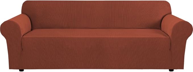 H.VERSAILTEX Stretch Couch Covers for Sofa 1 Piece Slipcovers for Couches and Sofas 3 Seater Couch Cover Feature Thick Checked Jacquard Fabric with Elastic Bottom(Large Sofa 90"-100" Wide, Rust)