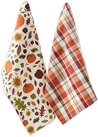 DII Fall Basics Kitchen Dishtowel Collection Printed & Plaid Fall Dish Towel Set, 18x28, Pumpkin Spice, 2 Count by DII
