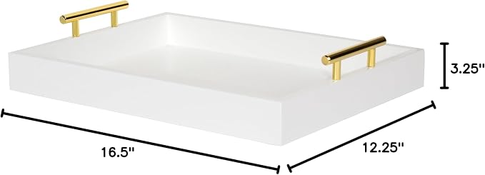 Kate and Laurel Lipton Decorative Tray with Polished Metal Handles, White and Gold