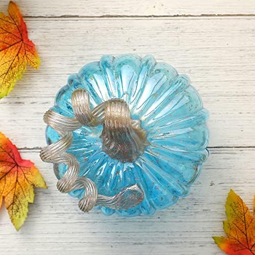 Glitzhome Decorative Hand Blown Glass Pumpkin Figurine, 5.12" H, Blue
