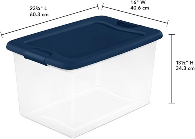 Sterilite Color Program, Large Clear Plastic Storage, 64 Quart, 12-Pack | Clear Bins with Blue Lids - Stackable Organizing Container Boxes for Closet, Bathroom, and Office