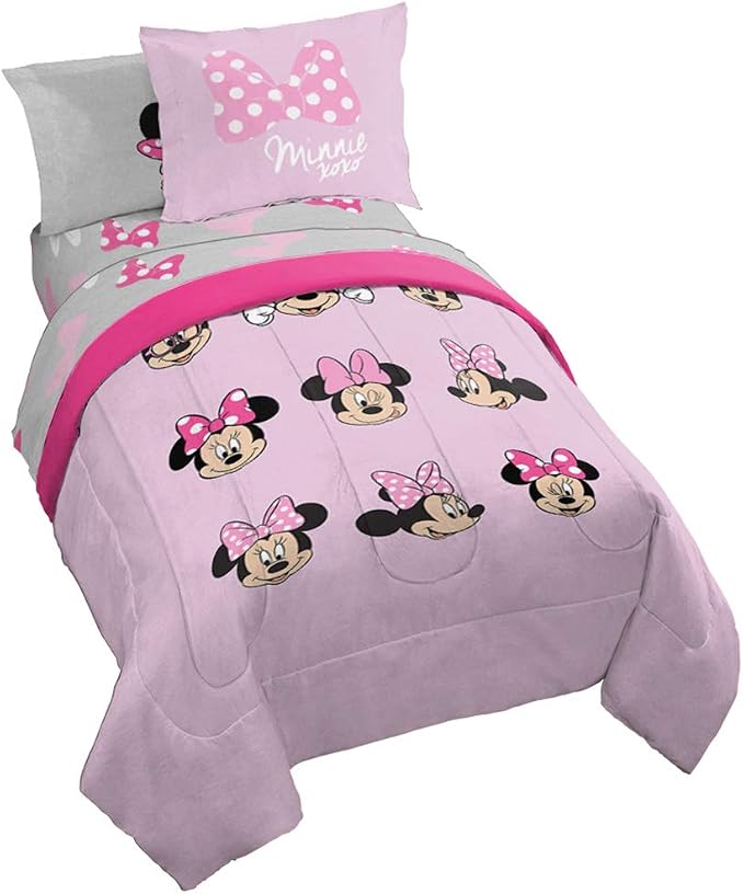 Disney Minnie Mouse Kids 5 Piece Twin Comforter Set for Girls, Pink | Bed in a Bag, Reversible Comforter, Sheets & Sham, Super Soft Microfiber, All Season, Machine Washable (Officially Licensed)