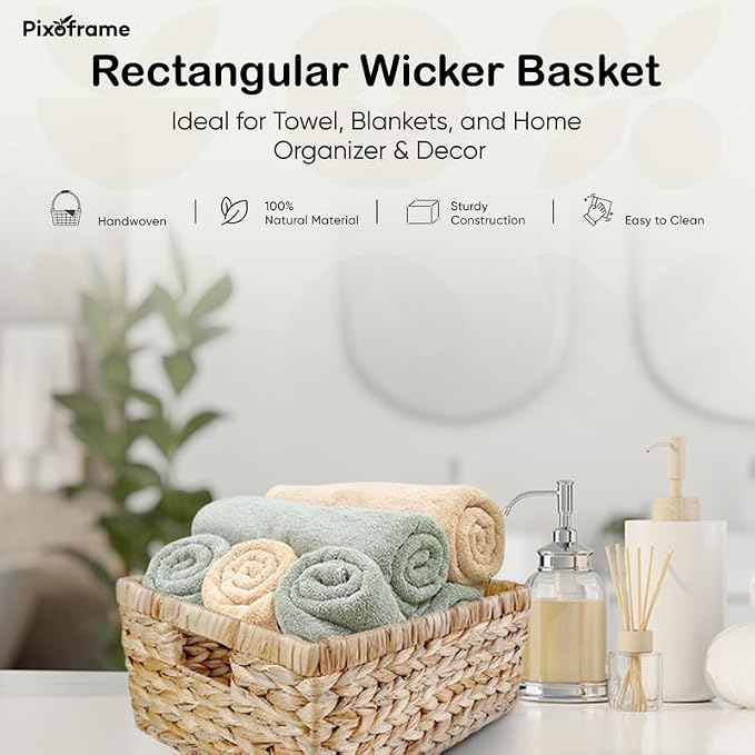 Large Handwoven Water Hyacinth Storage Wicker Basket with 2 Handles - Brown | Handcrafted Rectangular Organizer, Sturdy Iron Frame, Ideal for Towels, Blankets, Shelves & Décor - 15"x 11"x6.75"