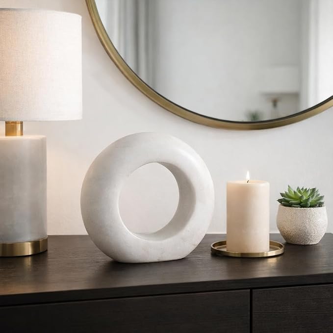 Ring Stone Marble Wood Sculpture – Room Decor Accent Sculpture, Tabletop Interior Decorative Object for Living Room or Office – Modern Circular Design, Outdoor Home Decor – 10", White