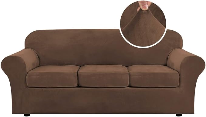 H.VERSAILTEX Modern Velvet Plush 4 Piece High Stretch Sofa Slipcover Sofa Cover Furniture Protector Form Fit Luxury Velvet Sofa Cover for 3 Cushion Couch Width Up to 90 Inch (Sofa, Caramel Cafe)