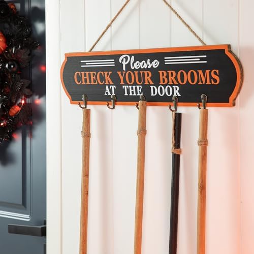 Glitzhome 42”H Halloween Porch Decoration Broom Parking Sign with 5 Wooden Witches Brooms, Please Check Your Brooms at the Door Porch Decor, Cute Hocus Pocus Hanging Decoration for Front Porch Wall - Image 5