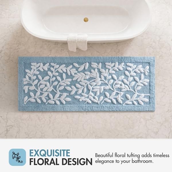 Madison Park Serene Tufted Bath Rug Cotton Absorbent, 24 x 60, Blue | Quick Dry, Soft Pile, Machine Washable, Floral Pattern, Plush, OEKO-TEX Certified
