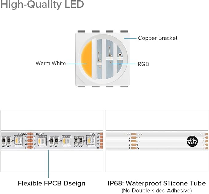 BTF-LIGHTING IP68 Waterproof Outdoor RGBW LED Strip 5050SMD RGB+Warm White(3000K-3500K) 4 Color in 1 DC12V 16.4ft 5m 60LED/m Multi-Colored Light White PCB Can Work Outdoor(No Adapter or Controller)
