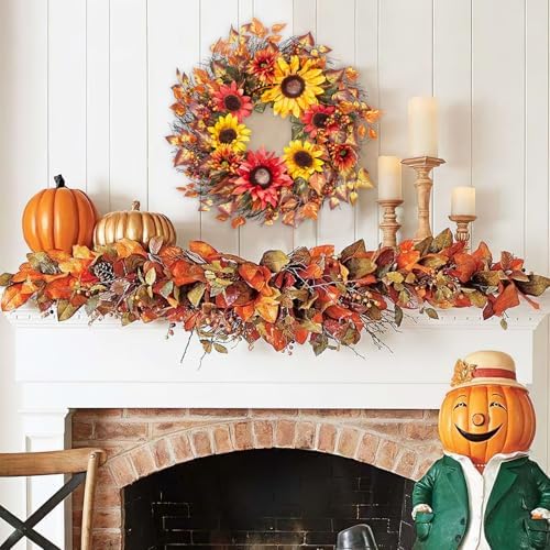 24 Inch Fall Wreath for Front Door, Harvest Wreath with Sunflower, Berries, Leaves, Autumn Wreath for Thanksgiving Farmhouse Harvest Indoor and Outdoor - Image 7