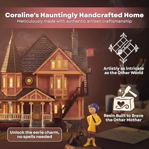 Department 56 Coraline Pink Palace Apartments Village Set – Lighted Building with Figurines for Halloween Village Display, Coraline Decorations, and Movie Collectible Fans