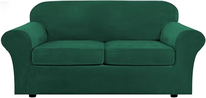 H.VERSAILTEX Real Velvet Plush 3 Piece Stretch Sofa Covers Couch Covers for 2 Cushion Couch Sofa Slipcovers Width Up to 90 Inch Feature Thick Soft Stay in Place (Large Sofa, Vintage Green)