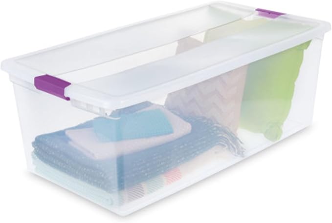Sterilite 4-Pack 110 Quart ClearView Latch Box, Stackable Organizer Bins with Latching Lids - Clear Plastic Organization Containers for Closet, Bedroom, Shelving Units and Everyday Home Storage | Clear Plastic Organizers with Color Accent Latches for C...