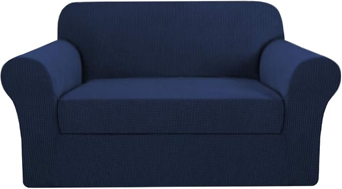 H.VERSAILTEX 2 Piece Loveseat Slipcovers Stretch Furnitue Cover Fit Lovesat Width Up to 70 Inch, Spandex Jacquard Fabric Sofa Protector Suit for T Cushion/Box Cushion- Loveseat - Navy