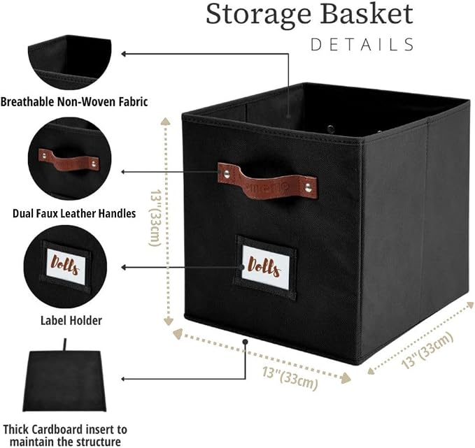 DECOMOMO Storage Bins, Cube Storage Bin with Labels | 13" x 13" x 13" Fabric Storage Cubes for Shelves (6pcs, Black)