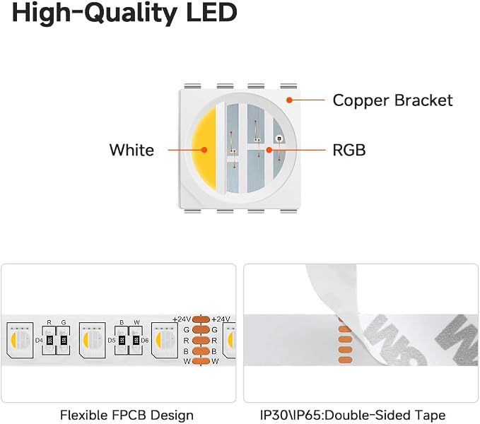 BTF-LIGHTING RGBW LED Strip Lights,UL Listed,5050 4 Colors in 1 RGB + 6000K-7000K Cool White,12V DC,16.4ft/5m 60LEDs/m 12mm White PCB, IP67 Waterproof for Home Decoration(No Adapter or Controller)