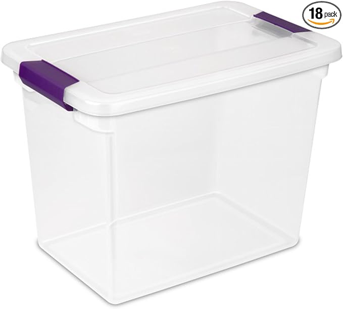 Sterilite 27 Quart ClearView Latch Box, Stackable Storage Bin with Latching Lid, Organize Clothes, Shoes in Closet, Clear Base and Lid, 18-Pack | Clear Plastic Organizers with Color Accent Latches for Closet, Bedroom, Shelving Units, Dorm Room and Home...