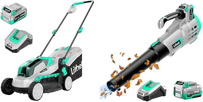 Litheli 20V 13" Cordless Lawn Mower & 20V Cordless 350 CFM 85 MPH Leaf Blower Bundle with Battery & Charger