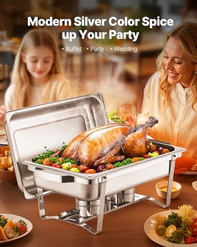 VEVOR Chafing Dish Buffet Set, 8 Qt 6 Pack, Stainless Steel Chafer with 6 Full Size Pans, Rectangle Catering Warmer Server with Lid Water Pan Stand Fuel Holder, for Weddings Parties Banquets, Silver - Image 2