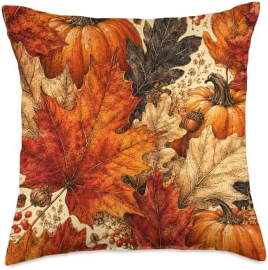 Vintage Autumn Pumpkin & Maple Leaves Fall Pattern Throw Pillow by Unknown