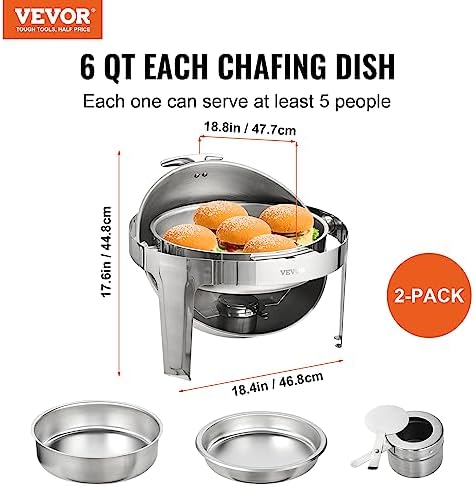 VEVOR Roll Top Chafing Dish Buffet Set, 6 Qt 2 Pack, Stainless Steel Chafer with 2 Full Size Pans, Round Catering Warmer Server with Lid Water Pan Stand Fuel Holder, for at Least 5 People Each - Image 2