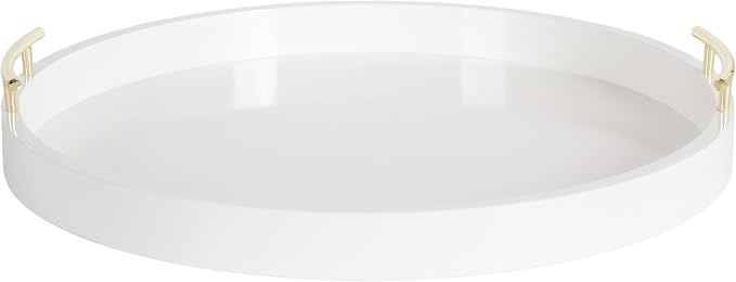 Kate And Laurel Lipton Modern Round Ottoman Tray; 22 Inch Diameter; White and Gold; Decorative Circle Coffee Table Tray for Living Room Decor or Large Serving Tray