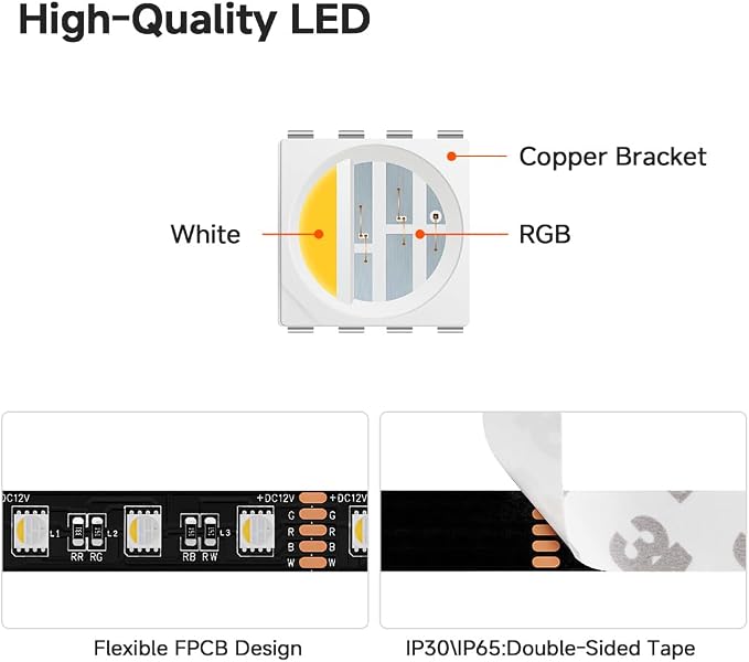BTF-LIGHTING RGBW LED Strip Lights,UL Listed,5050 4 Colors in 1 RGB + 6000K-7000K Cool White,12V DC,16.4ft/5m 60LEDs/m 12mm Black PCB, IP67 Waterproof for Home Decoration(No Adapter or Controller)