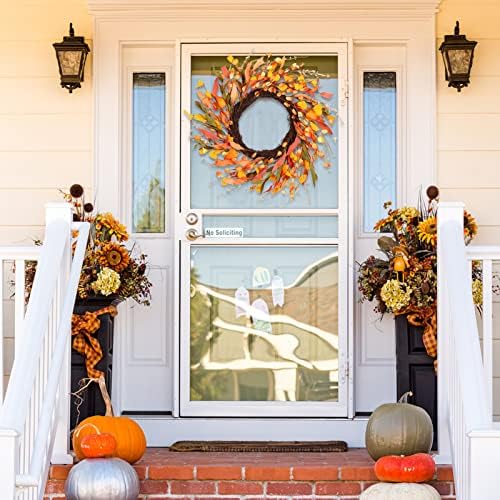 20" Artificial Fall Wreath for Front Door Orange Fall Leave Wreath Autumn Wreath with Colorful Autumn Foliage and Grain Farmhouse Fall Door Wreath for Harvest Thanksgiving Fall Decorations - Image 2
