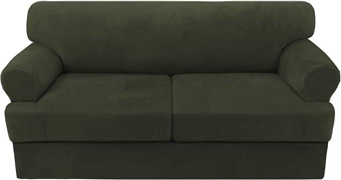 H.VERSAILTEX Sofa Cover 3 Piece T Cushion Loveseat Slipcovers Thick Velvet Couch Cover Stretch T Cushion Sofa Covers for 2 Cushion Couch with 2 Individual T Cushion Covers, Olive