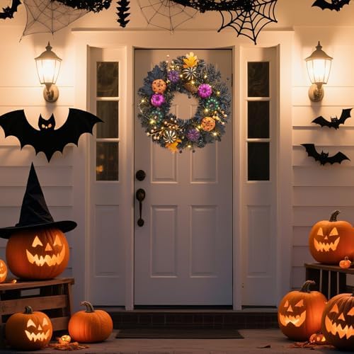 Takywep 20 Inch Halloween Wreaths for Front Door with Lights, Prelit Pumpkin Wreaths with Black Branch Berries Maple Leaves, Halloween Decorations for Indoor Outdoor Window Wall Decor - Image 7