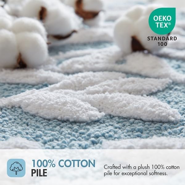 Madison Park Serene Tufted Bath Rug Cotton Absorbent, 24 x 60, Blue | Quick Dry, Soft Pile, Machine Washable, Floral Pattern, Plush, OEKO-TEX Certified