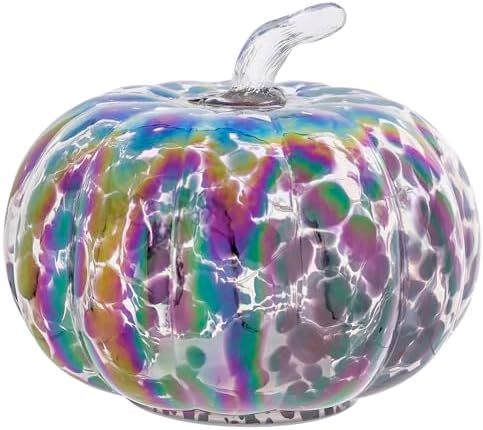 Boston International Handblown Glass Pumpkin with LED Light Thanksgiving Halloween Decorations for Home, Small, Iridescent by BostonInternational