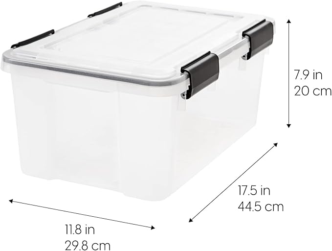 IRIS USA 6-Pack 19 Qt Storage Bins with Gasket Lids, Clear/Black | WeatherPro seal protects shoes, crafts, documents and supplies from dust and moisture