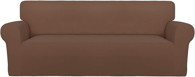 PureFit Stretch Couch Covers for Sofa Large Sofa Slipcovers Brown | 1-Piece Sofa Cover Washable Soft Couch Protector, Couch Slipcover with Non Skid Foam and Elastic Bottom for Kids, Dogs