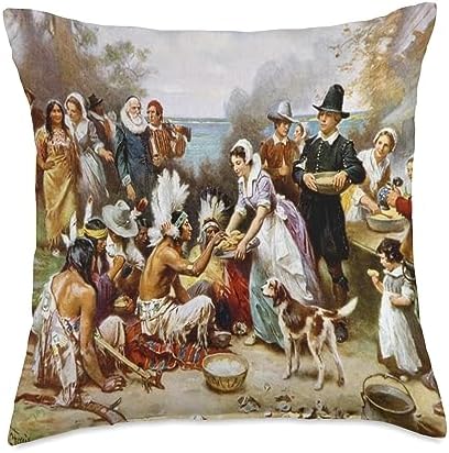 The Pilgrims First Thanksgiving Throw Pillow by Unknown