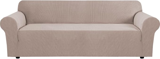 H.VERSAILTEX Stretch Couch Covers for Sofa 1 Piece Slipcovers for Couches and Sofas 3 Seater Couch Cover Feature Thick Checked Jacquard Fabric with Elastic Bottom(Large Sofa 90"-100" Wide, Sand)