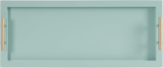 Kate and Laurel Halsey Rectangle Decorative Narrow Tray with Gold Metal Handles; 24 x 10; Blue and Gold; Modern Glam Slim Serving Tray with Handles for Living Room Decor