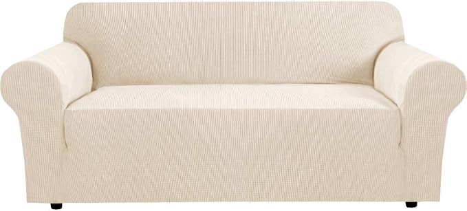 H.VERSAILTEX Stretch Sofa Covers for 3 Cushion Couch Covers Sofa Slipcovers for Living Room Feature Thick Checked Jacquard Fabric with Elastic Bottom, Sofa Large - Natural