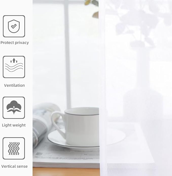 youleyar Solid Sheer Rod Pocket Curtain Voile Draperies 4 Panels White Beige Black Grey Ivory 52 Inch Width 63 Inch Long 1 Pair for Kitchen Bedroom Children Living Room Yard(Optical White,52 Wｘ63 L)