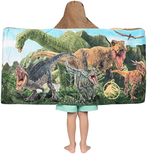 Jurassic World Dominion Soft Bath/Pool/Beach Cotton Terry Hooded Towel Wrap, 24 Inches x 50 Inches, By Franco Kids