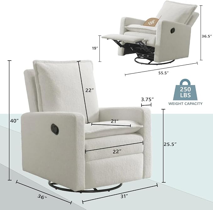 Oxford Baby Uptown Upholstered Glider Recliner Rocking Chair 360° Swivel for Nursery and Living Room - Boucle White, Green Guard Gold Certified
