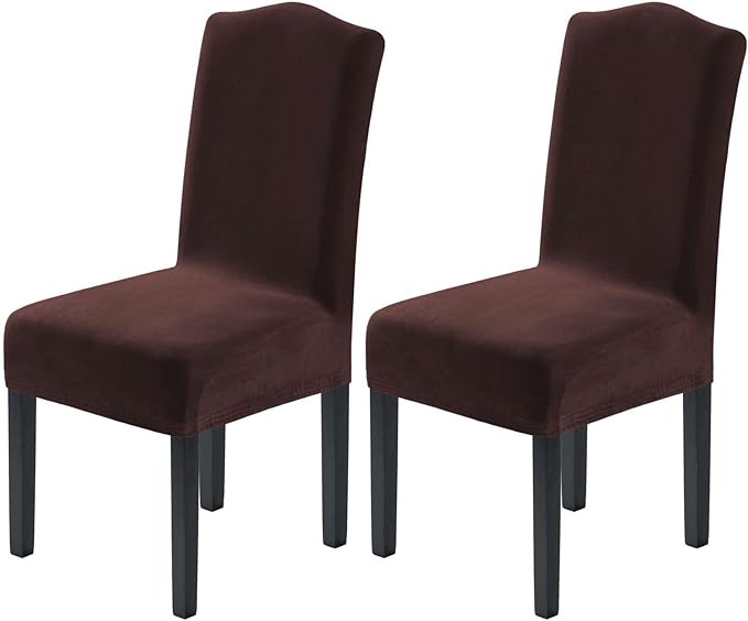 H.VERSAILTEX Velvet Dining Chair Covers Stretch Chair Covers for Dining Room Set of 2 Parson Chair Slipcovers Chair Protectors Covers Dining, Soft Thick Solid Velvet Fabric Washable, Brown