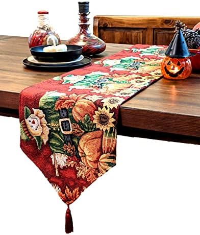 Tache Home Fashion VE12921-1TR-1390 Pumpkin Field Scarecrow Thanksgiving Autumn Harvest Country Farmhouse Vintage Decorative Woven Tapestry Table Runners, 13x90 - Image 6
