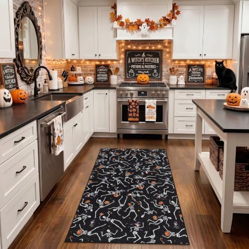 Tribesigns Washable 3x5 Halloween Rug for Entryway, Non-Slip Black Skeleton Kitchen Rugs, Ultra Thin Gothic Floor Carpet for Front Door Bathroom Living Room Kids Bedroom Decor, Black/3x5 - Image 3