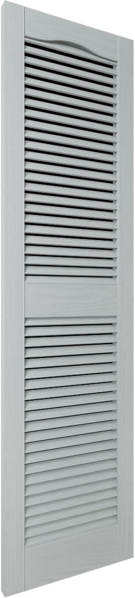 12"W x 72"H Lifetime Vinyl, Standard Cathedral Top Center Mullion, Open Louver Shutters, w/Installation Shutter-Lok's & Matching Screws (Per Pair), Platinum